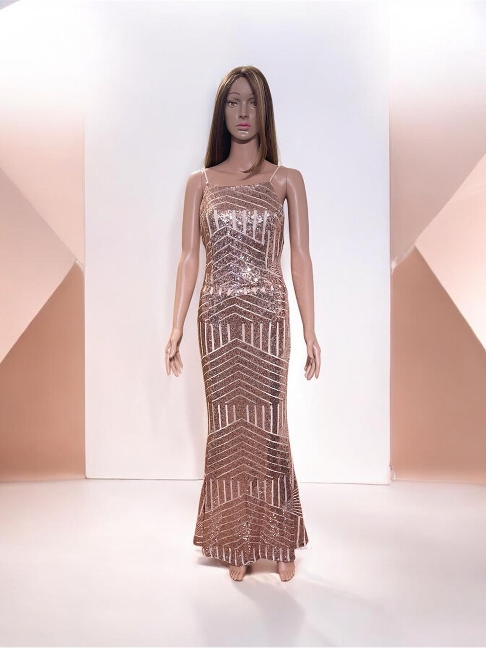 Rose Gold Sequin Maxi Slip Dress with Geometric Detail